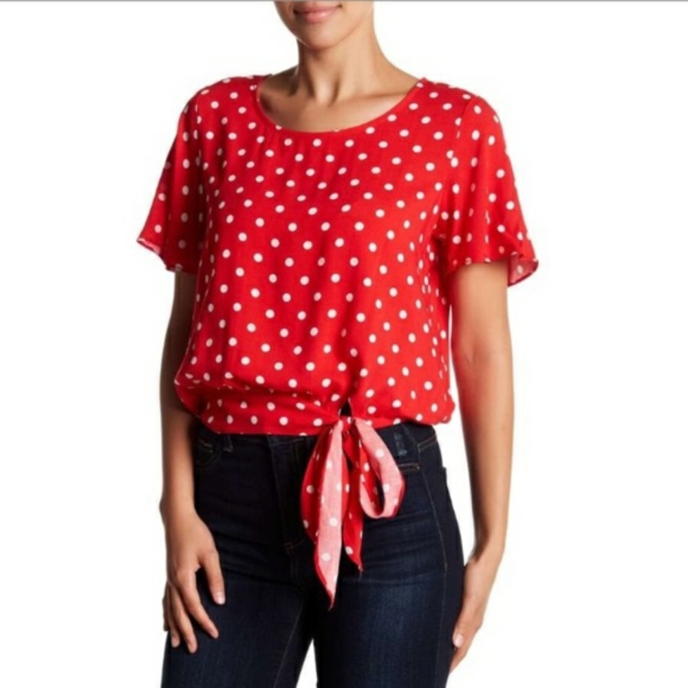 Socialite Red Polka Dot Tie Front Top